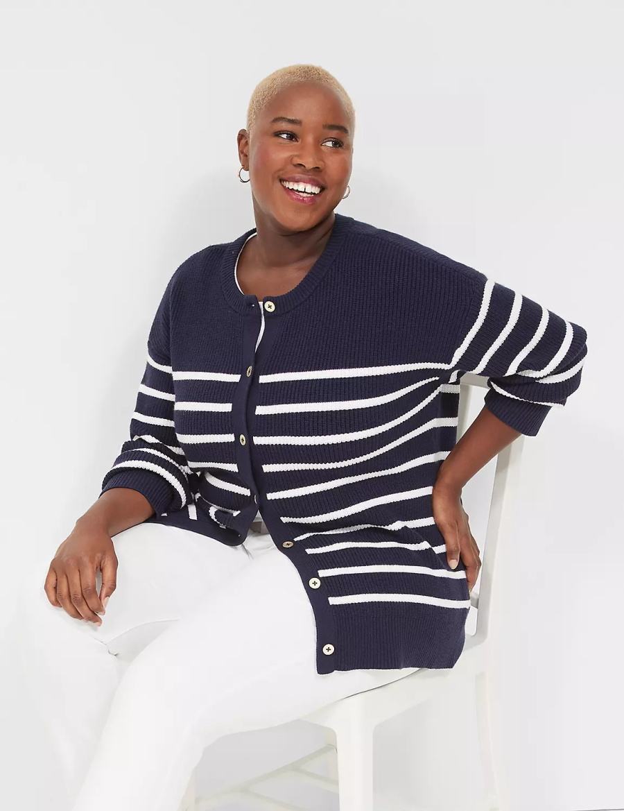 Lane Bryant Button-Front Stripe Women Cardigan Blue | QEF2518HE