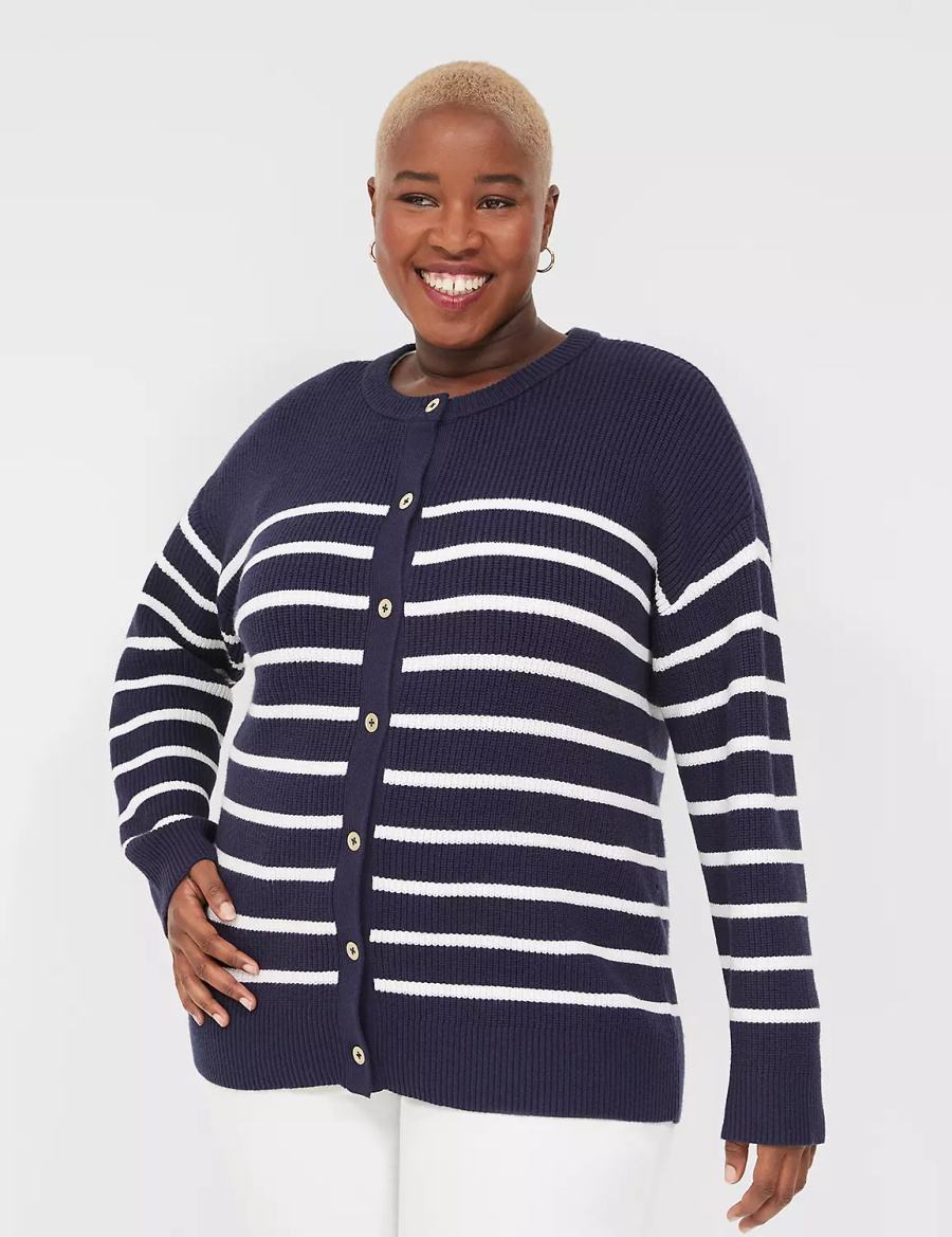 Lane Bryant Button-Front Stripe Women Cardigan Blue | QEF2518HE