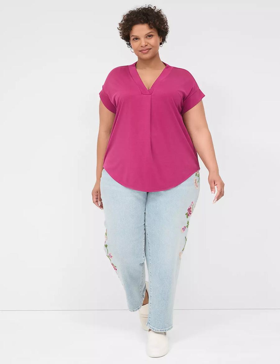 Lane Bryant Cap-Sleeve V-Neck Pleat-Front Top Women T Shirts Purple | FYB6985NA