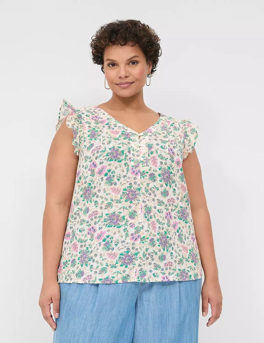 Lane Bryant Cap-Sleeve Woven & Knit Top Women T Shirts Cream Green | GMT7100AN