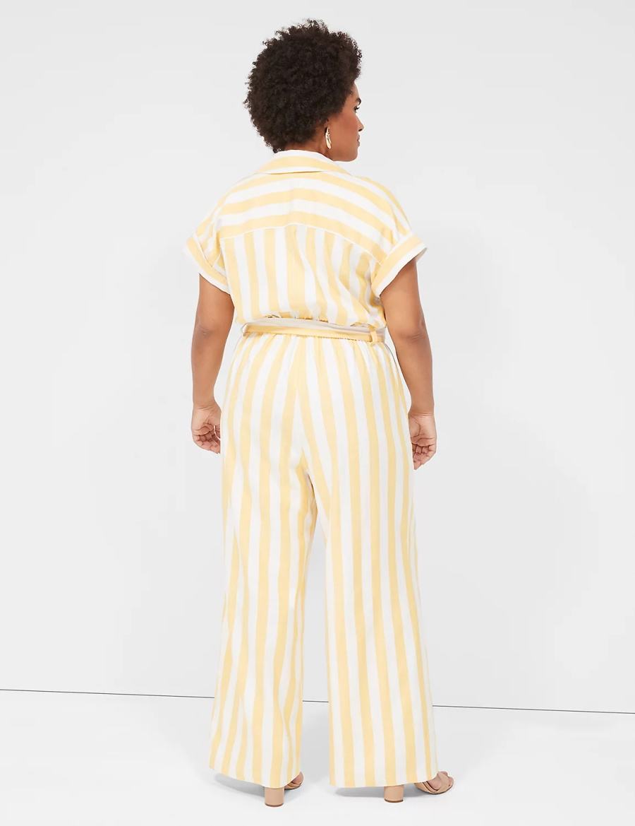 Lane Bryant Cap-Sleeve Y-Neck Utility Women Jumpsuit Yellow Stripes | XUW7068XN