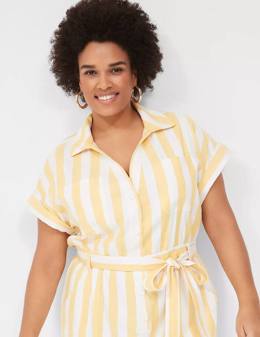 Lane Bryant Cap-Sleeve Y-Neck Utility Women Jumpsuit Yellow Stripes | XUW7068XN