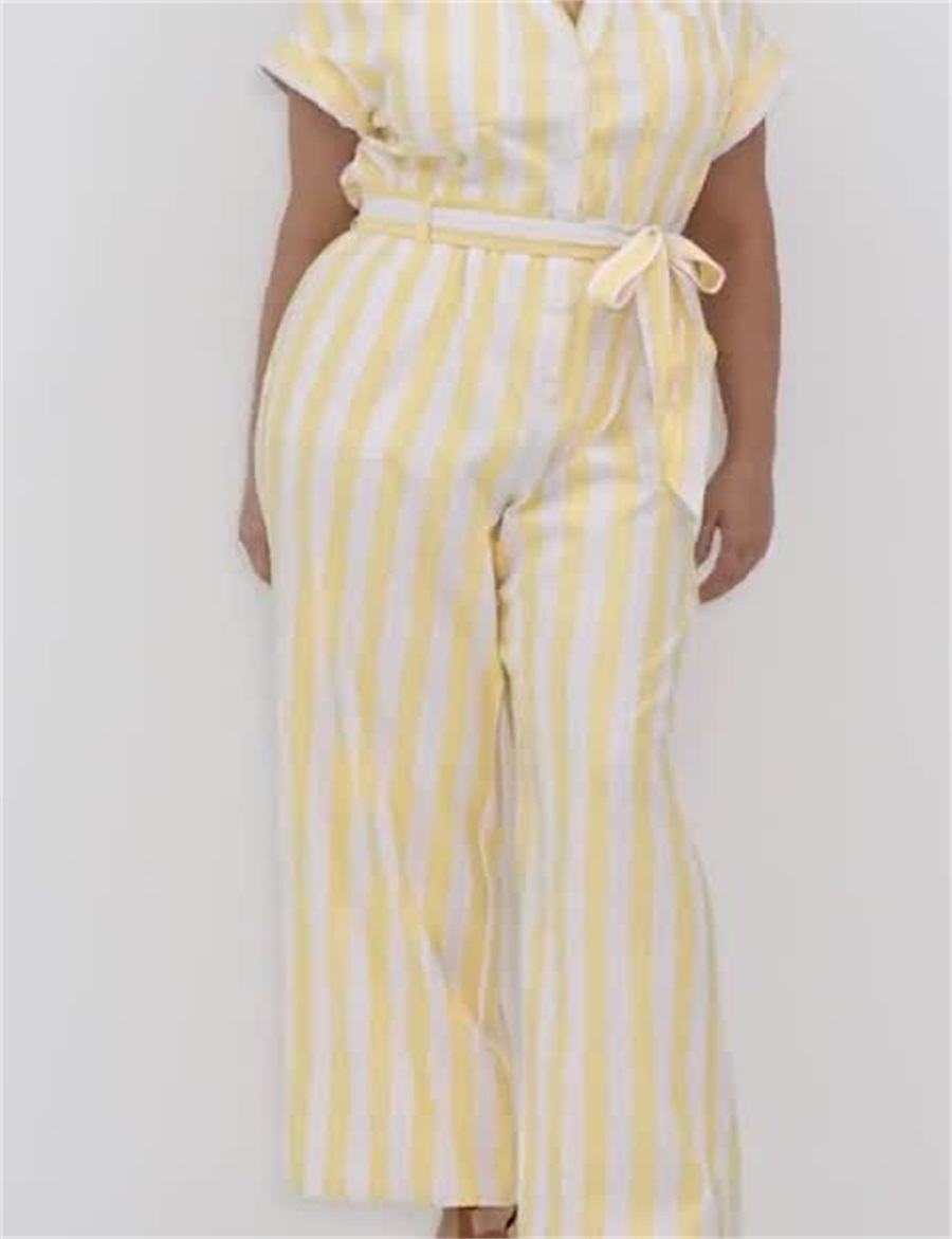 Lane Bryant Cap-Sleeve Y-Neck Utility Women Jumpsuit Yellow Stripes | XUW7068XN