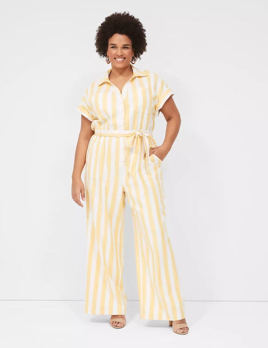 Lane Bryant Cap-Sleeve Y-Neck Utility Women Jumpsuit Yellow Stripes | XUW7068XN