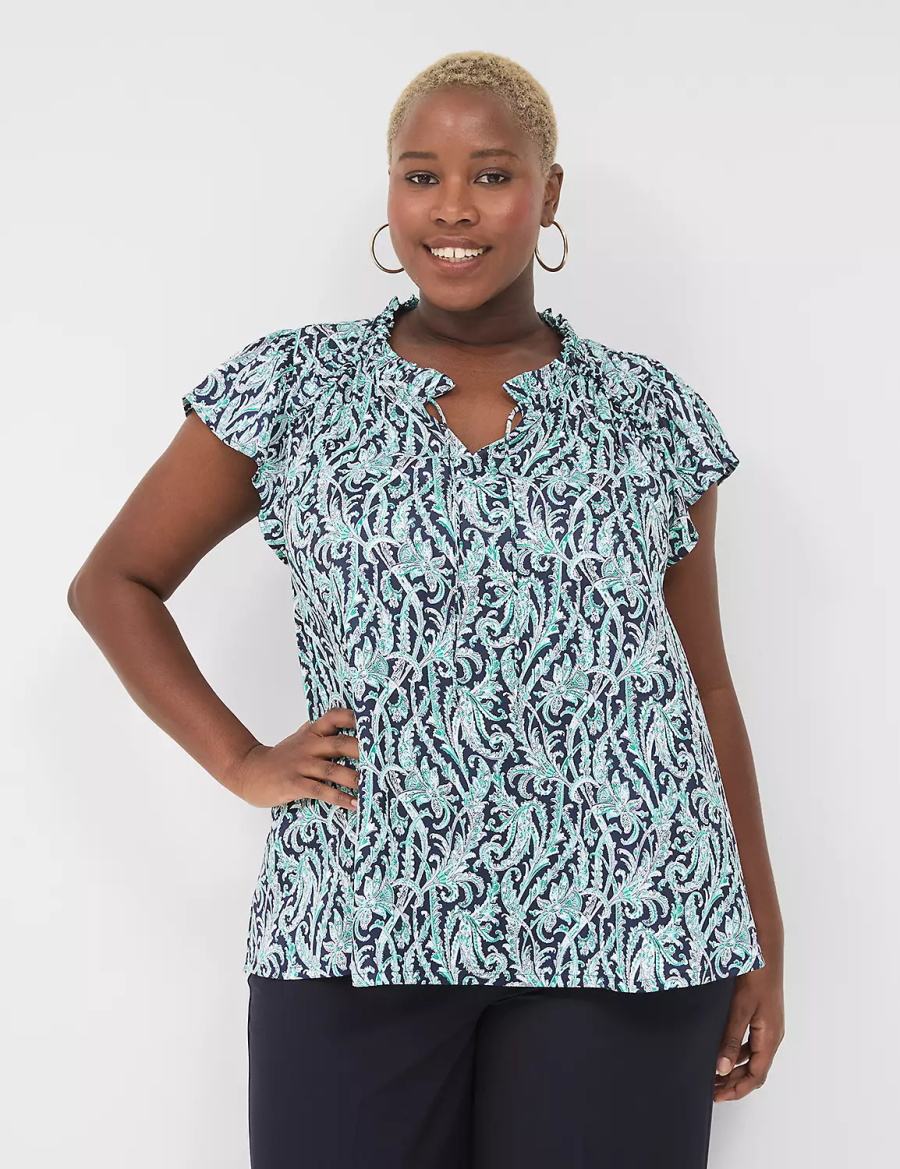 Lane Bryant Cap Flutter-Sleeve Satin & Knit Top Women T Shirts Navy | WNS3730AI