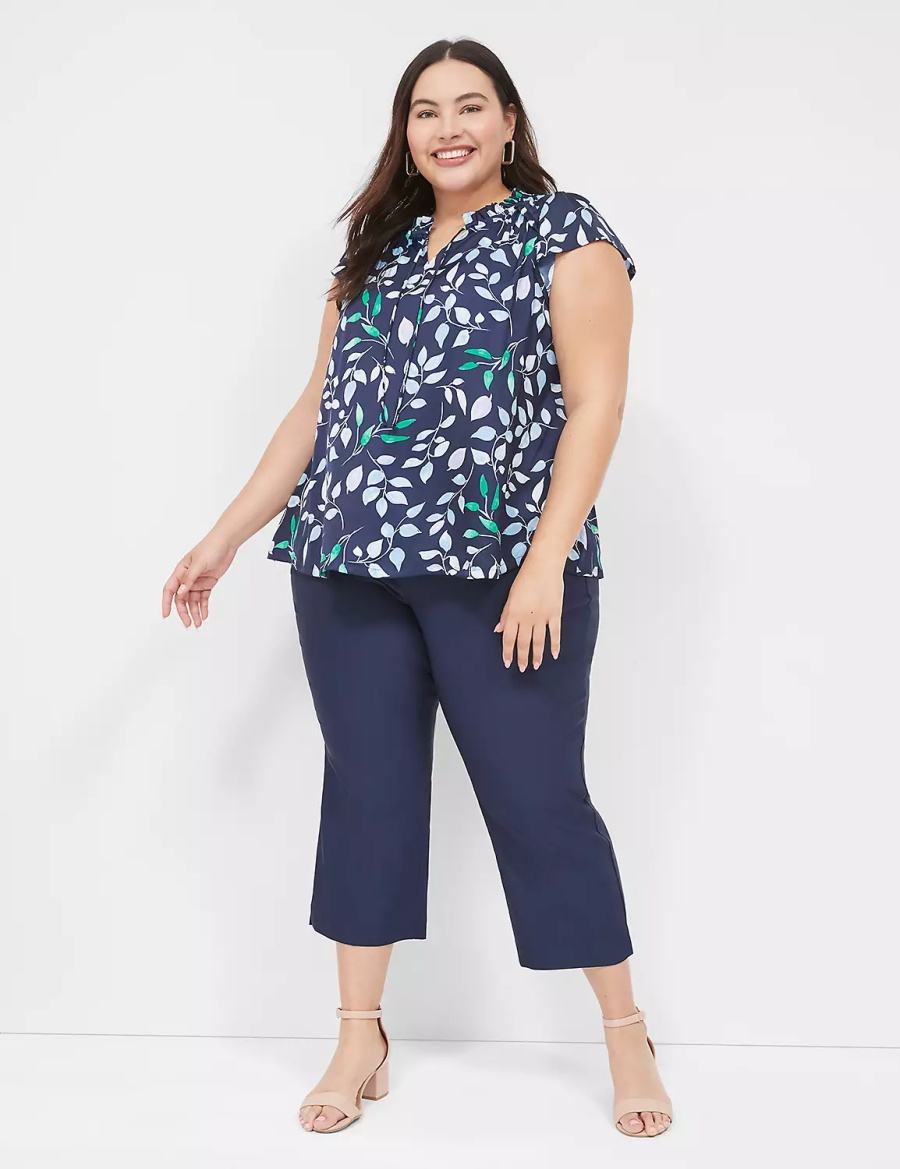 Lane Bryant Cap Flutter-Sleeve Satin & Knit Top Women T Shirts Navy | WIN2572KL