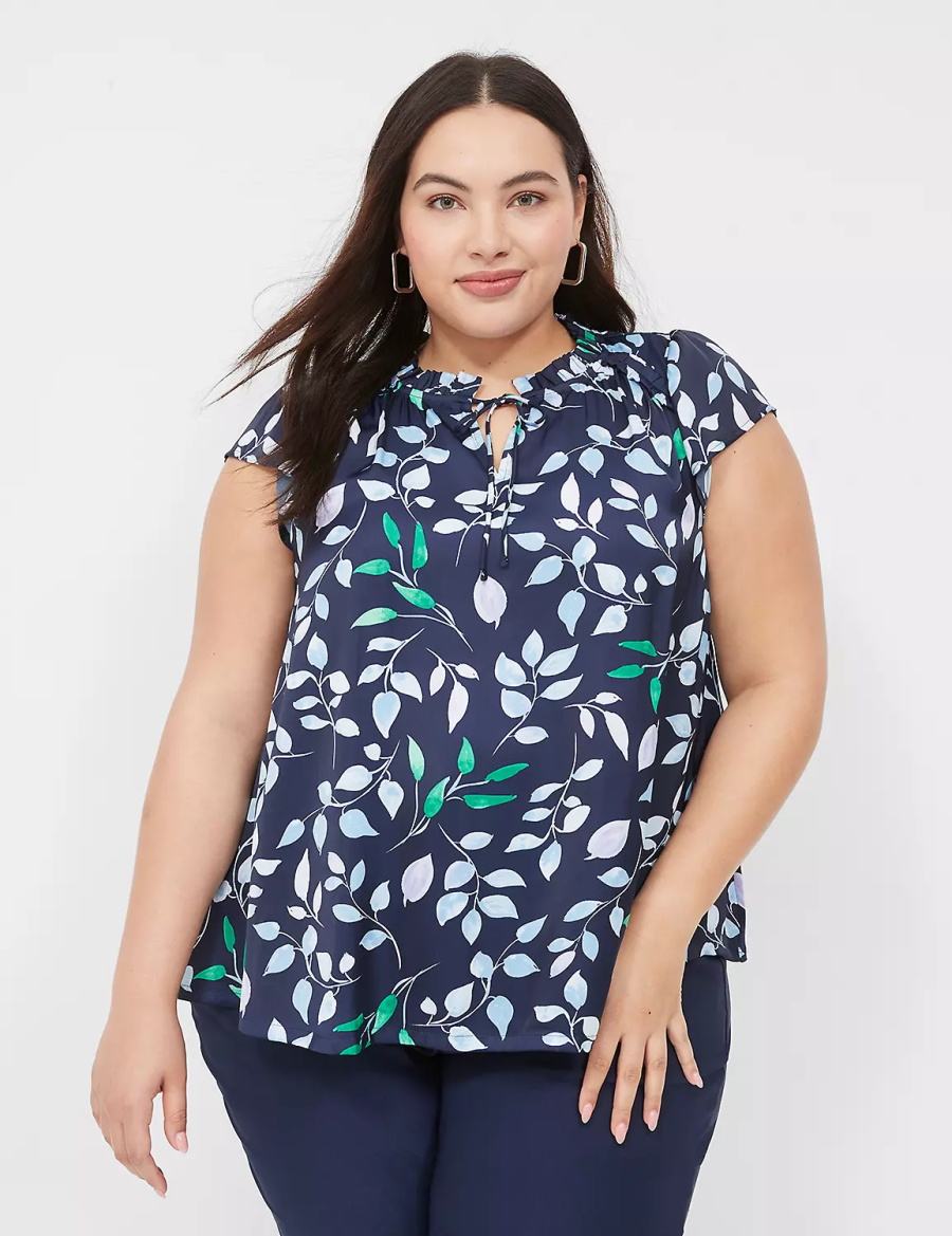 Lane Bryant Cap Flutter-Sleeve Satin & Knit Top Women T Shirts Navy | WIN2572KL