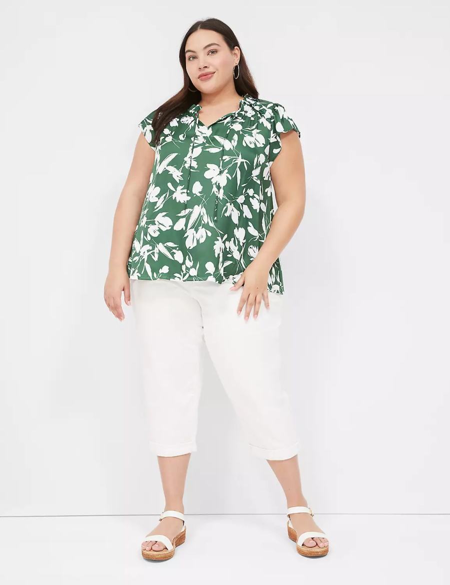 Lane Bryant Cap Flutter-Sleeve Satin & Knit Top Women T Shirts Green | SSL528WZ