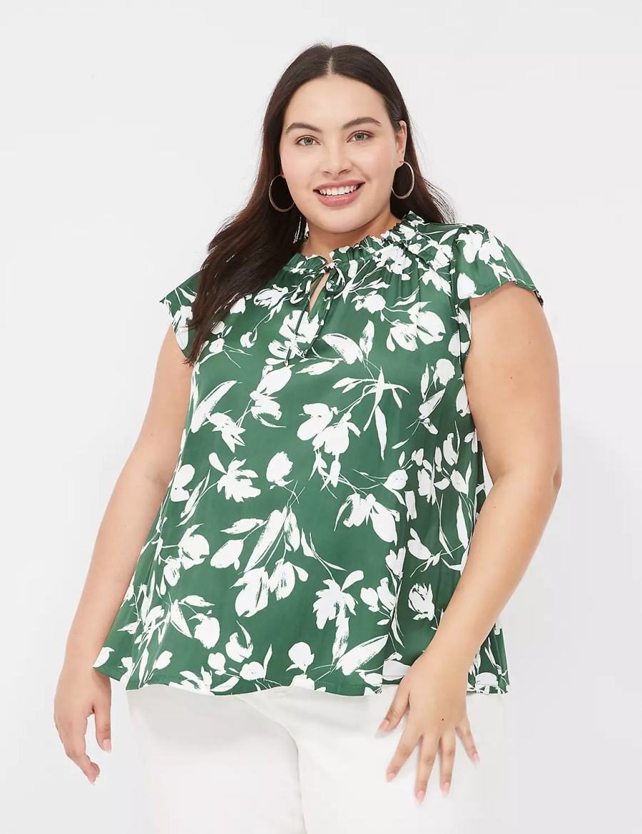 Lane Bryant Cap Flutter-Sleeve Satin & Knit Top Women T Shirts Green | SSL528WZ