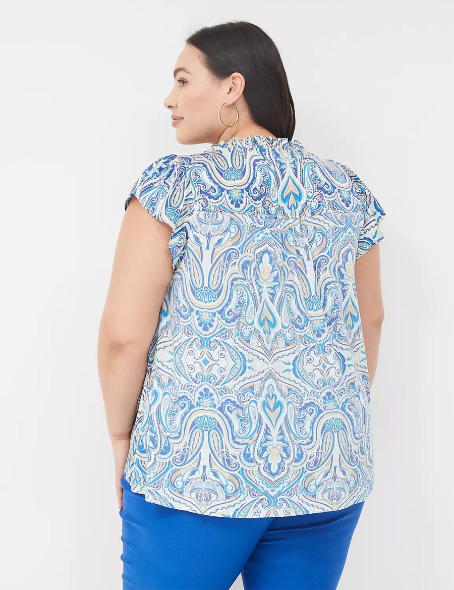 Lane Bryant Cap Flutter-Sleeve Satin & Knit Top Women T Shirts Blue | KCR8137AO