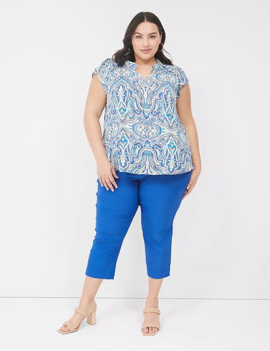 Lane Bryant Cap Flutter-Sleeve Satin & Knit Top Women T Shirts Blue | KCR8137AO