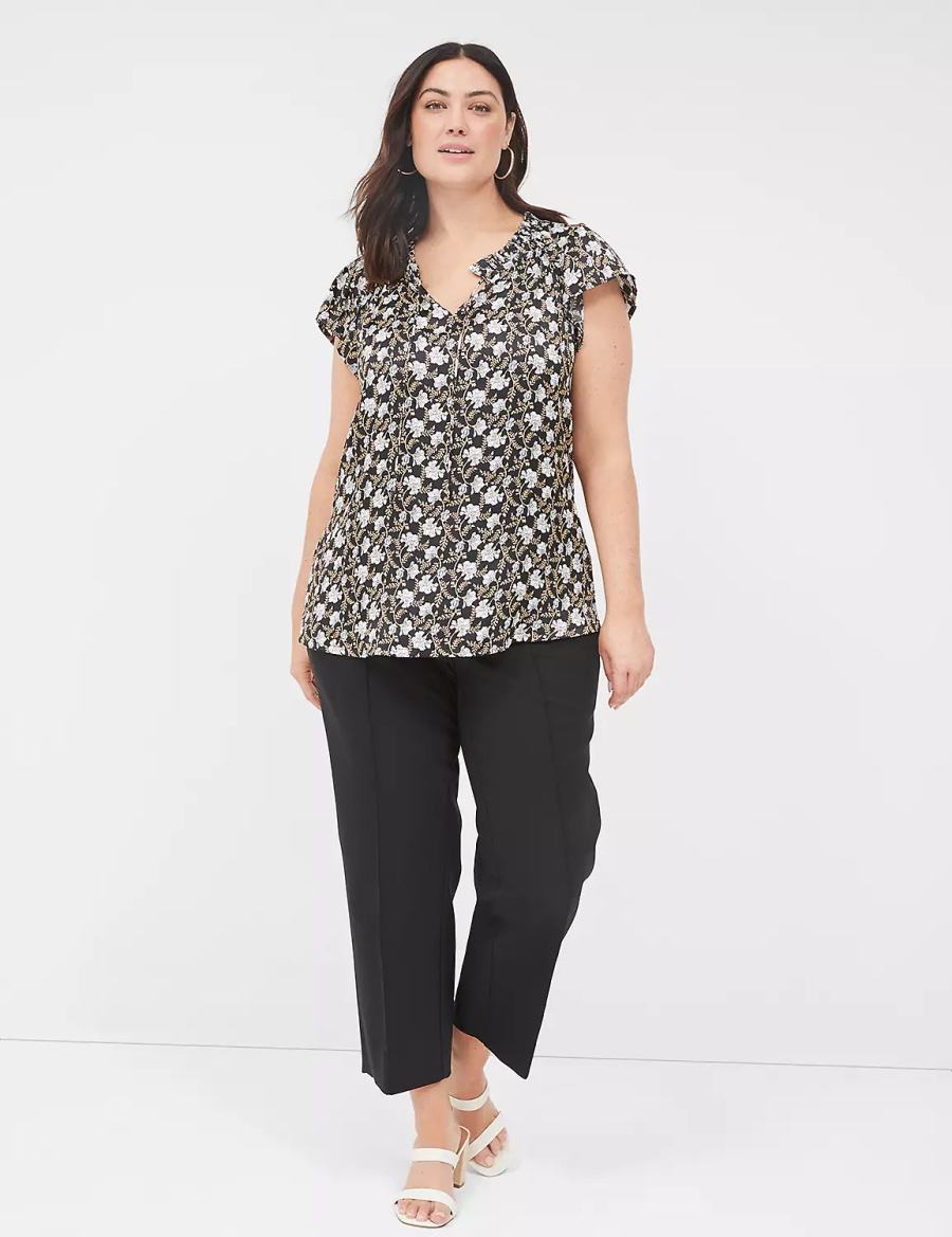 Lane Bryant Cap Flutter-Sleeve Satin & Knit Top Women T Shirts Black | YRI1695PL