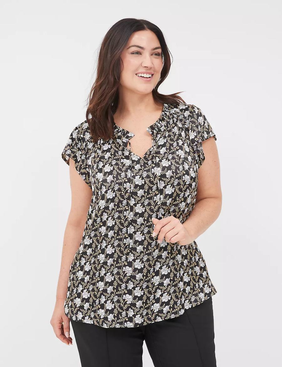 Lane Bryant Cap Flutter-Sleeve Satin & Knit Top Women T Shirts Black | YRI1695PL