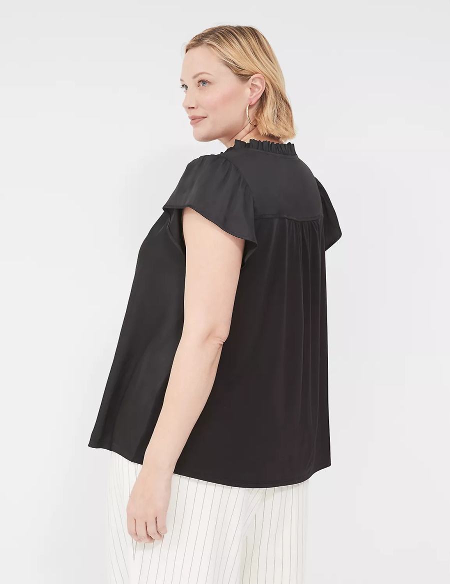 Lane Bryant Cap Flutter-Sleeve Satin & Knit Top Women T Shirts Black | ISI7125CK