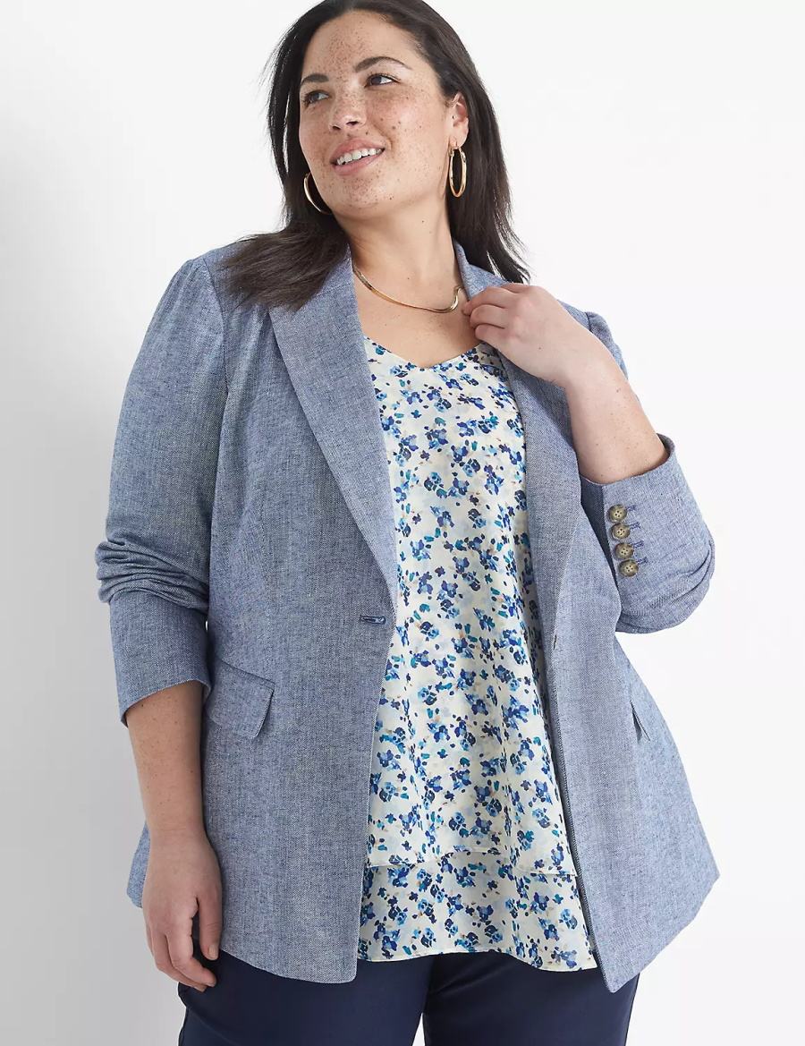 Lane Bryant Chambray Linen Long-Sleeve Women Blazers Blue Grey | WDU7659HW