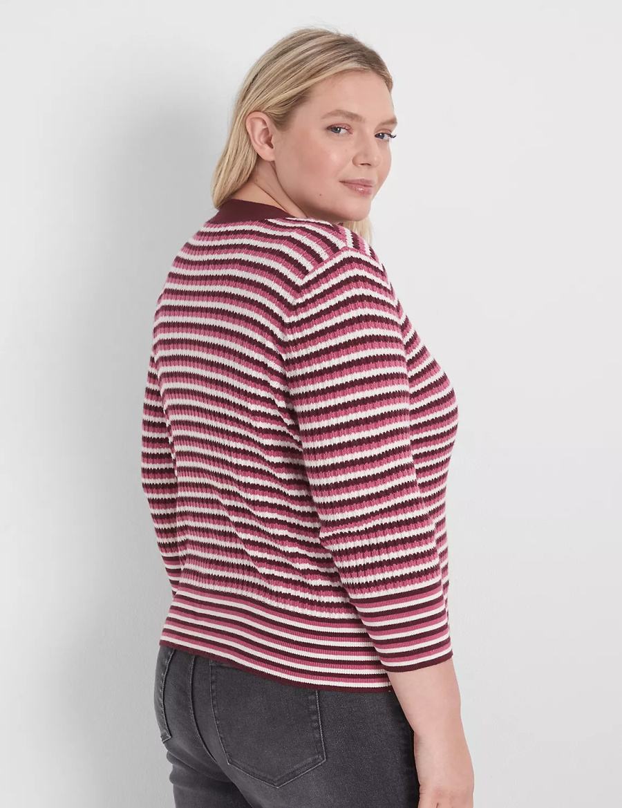 Lane Bryant Classic 3/4-Sleeve V-Neck Button-Front - Stripe Women Cardigan Red | IEM273IQ