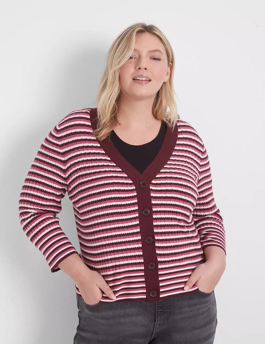 Lane Bryant Classic 3/4-Sleeve V-Neck Button-Front - Stripe Women Cardigan Red | IEM273IQ