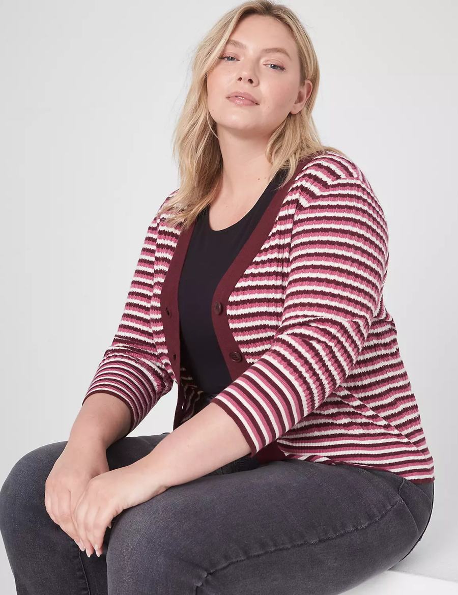 Lane Bryant Classic 3/4-Sleeve V-Neck Button-Front - Stripe Women Cardigan Red | IEM273IQ