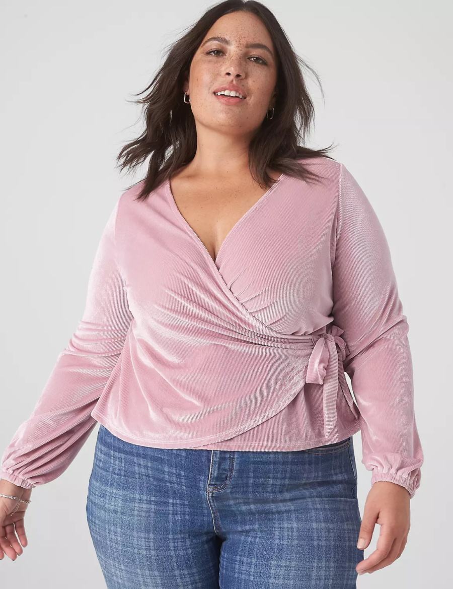 Lane Bryant Classic Blouson-Sleeve Surplice Tie Velour Top Women T Shirts Purple | JMR5817IO