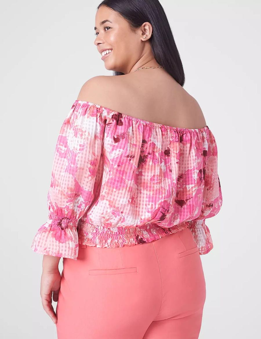 Lane Bryant Classic Crop Off-The-Shoulder Chiffon Top Women Tank Top Pink | PSO7878CG