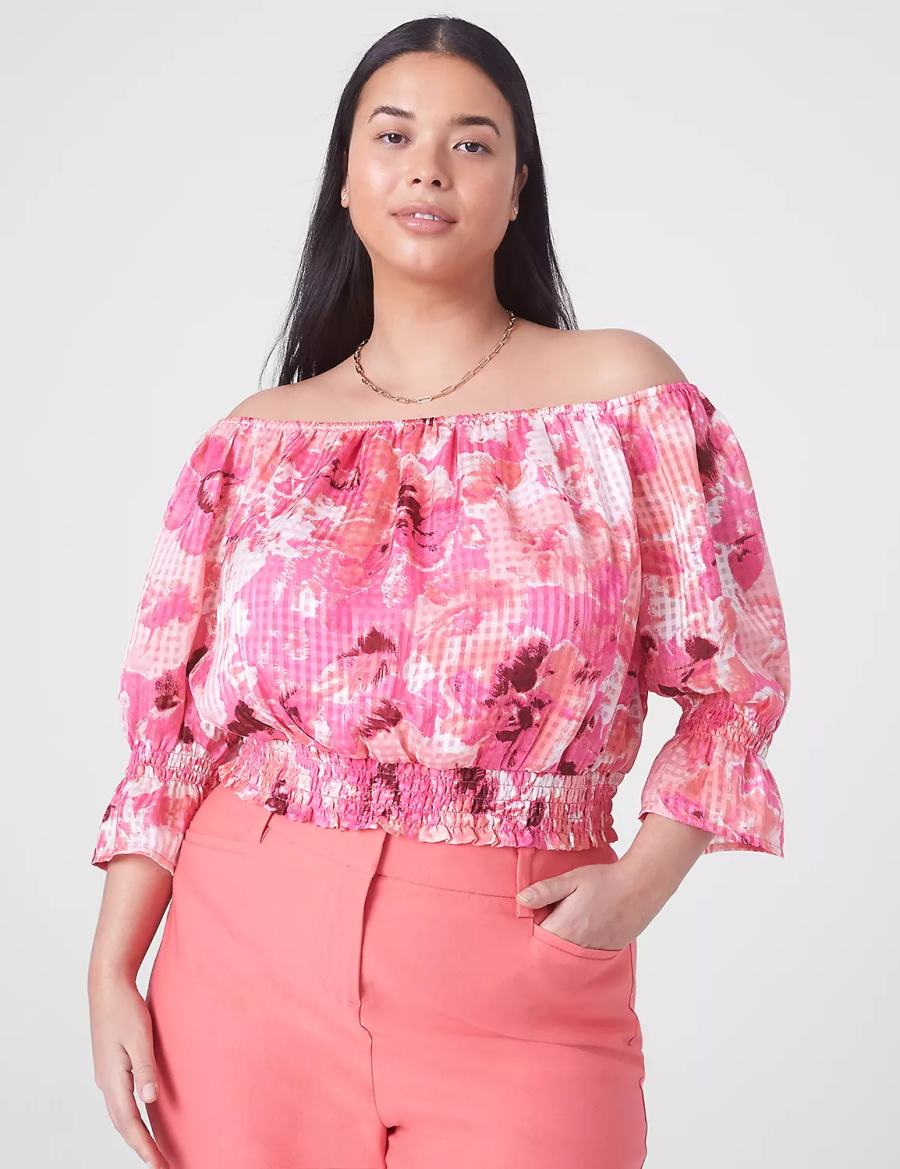 Lane Bryant Classic Crop Off-The-Shoulder Chiffon Top Women Tank Top Pink | PSO7878CG