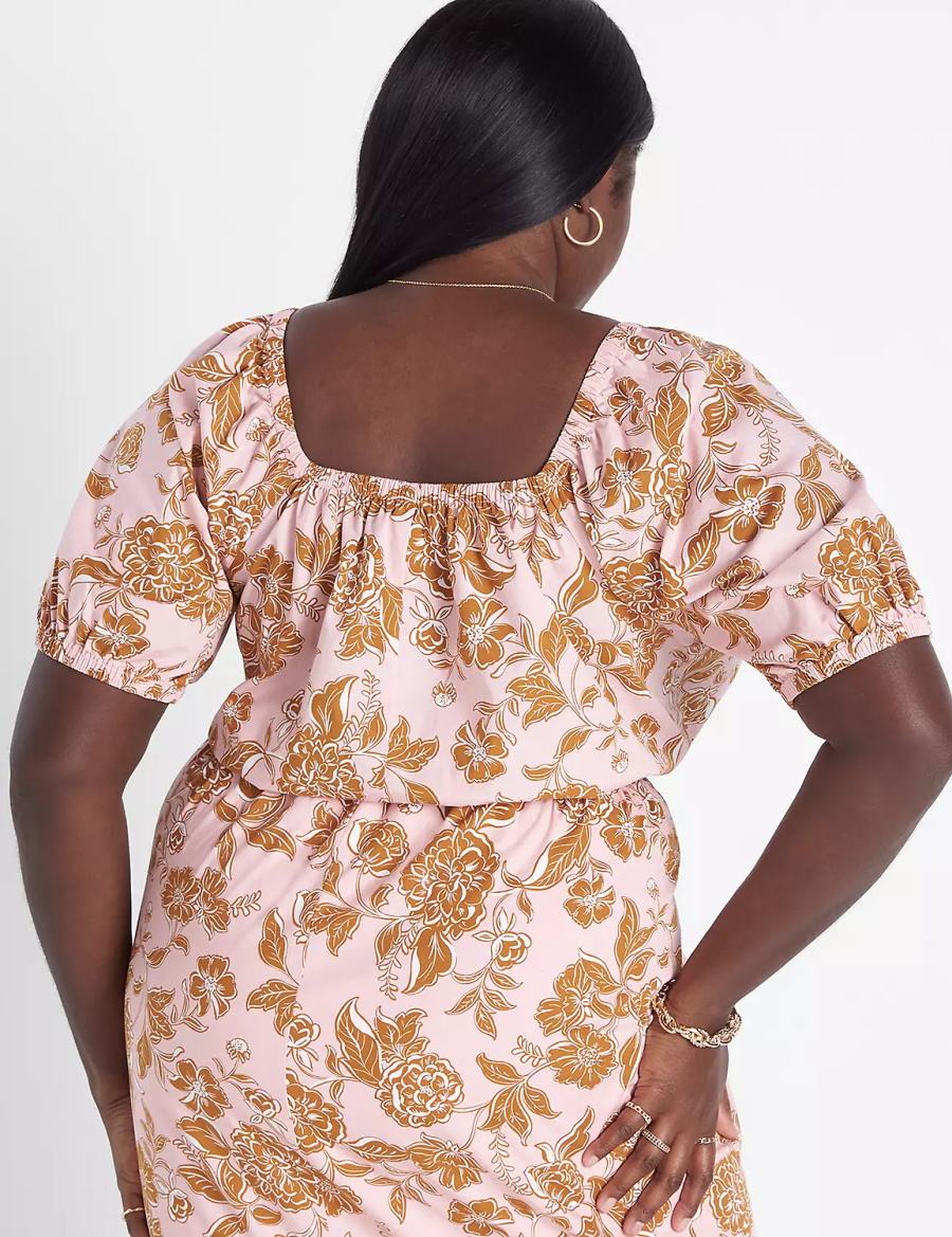 Lane Bryant Classic Crop Square-Neck Puff-Sleeve Top Women T Shirts Orange Multicolor | ZVL9490TO