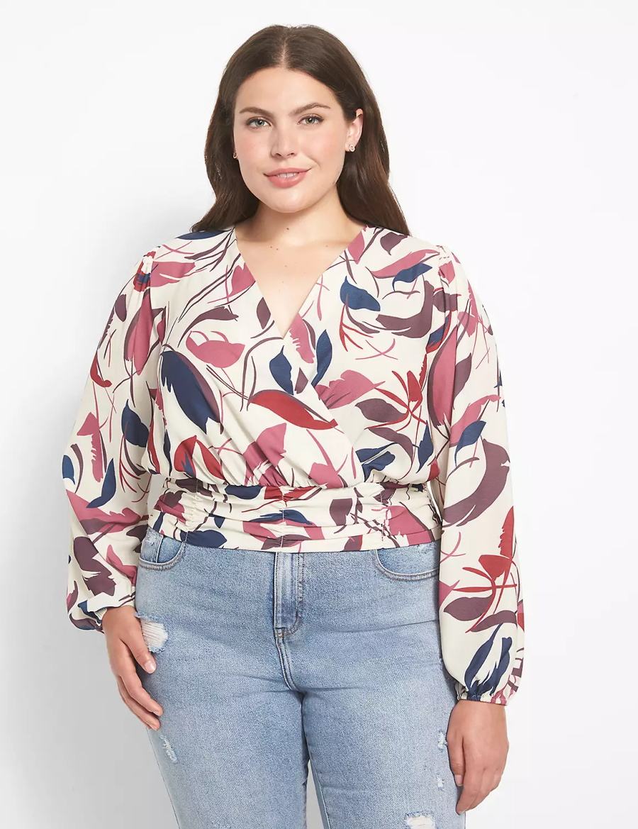 Lane Bryant Classic Long-Sleeve Surplice-Neck Shirred-Waist Crop Women Blouse White Multicolor | MRZ413TS