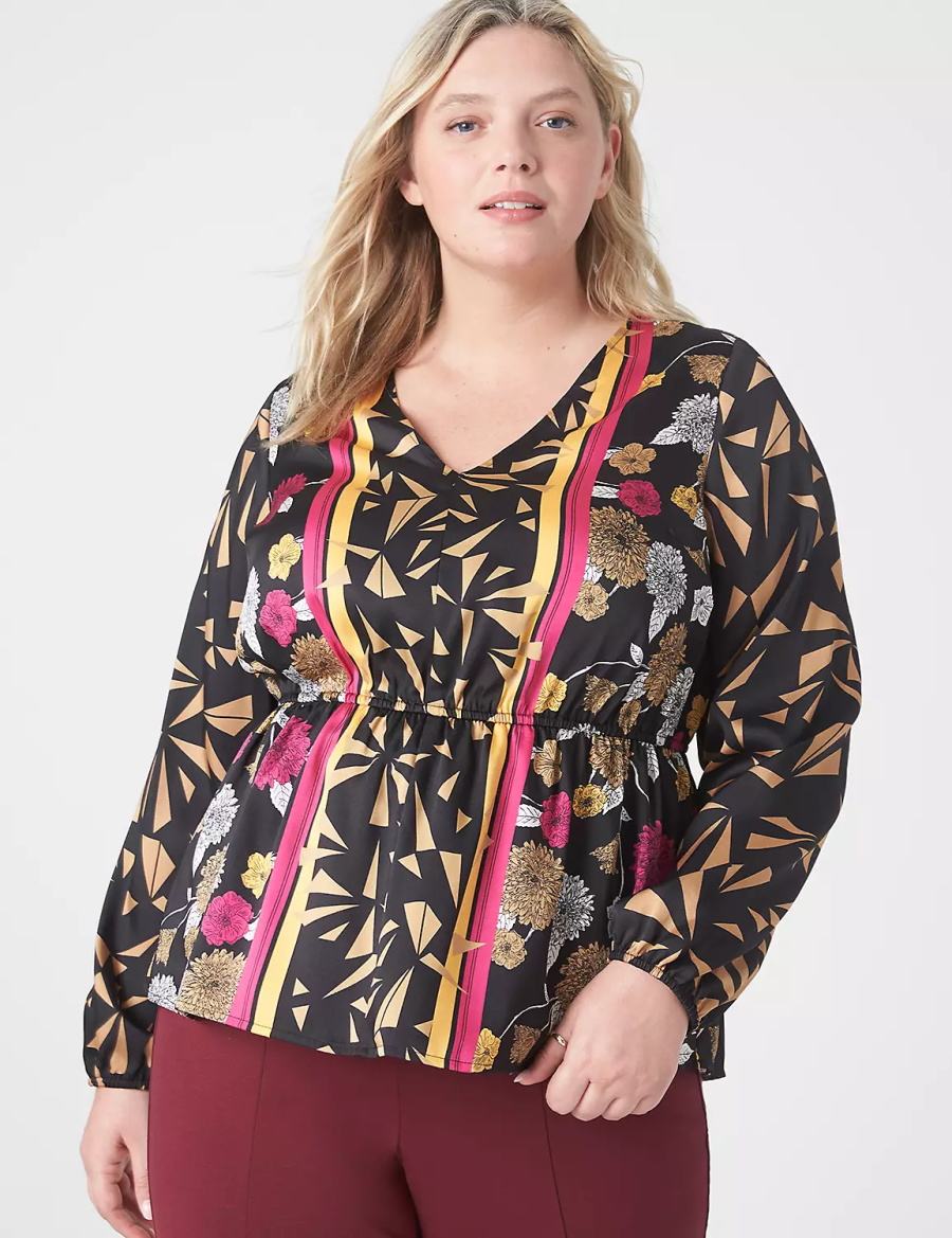 Lane Bryant Classic Long-Sleeve V-Neck Peplum Women Blouse Gold Multicolor | LCT4161QT