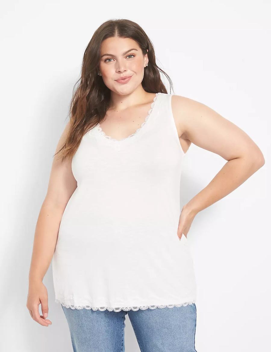 Lane Bryant Classic V-Neck Lace-Trim Women Tank Top White Rose | QBY875DZ