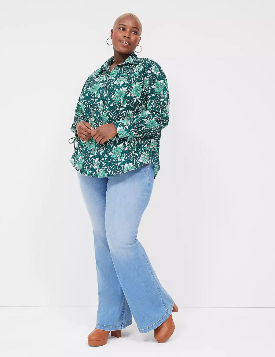 Lane Bryant Collared Button-Front Tie-Cuff Women Blouse Green Multicolor | UBJ7269CP