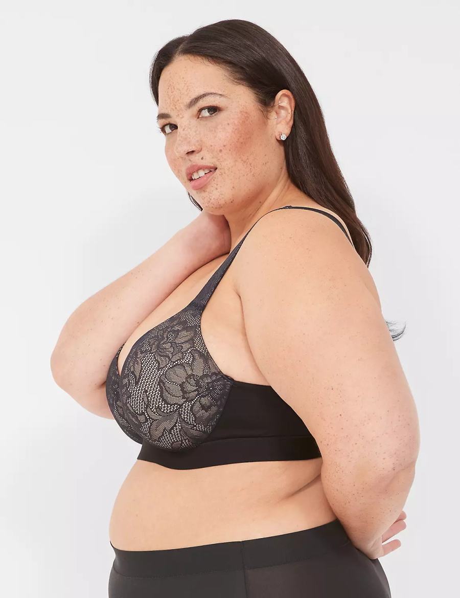 Lane Bryant Comfort Bliss Lightly Lined Plunge With Lace Women Bralettes Black | UOV341OM