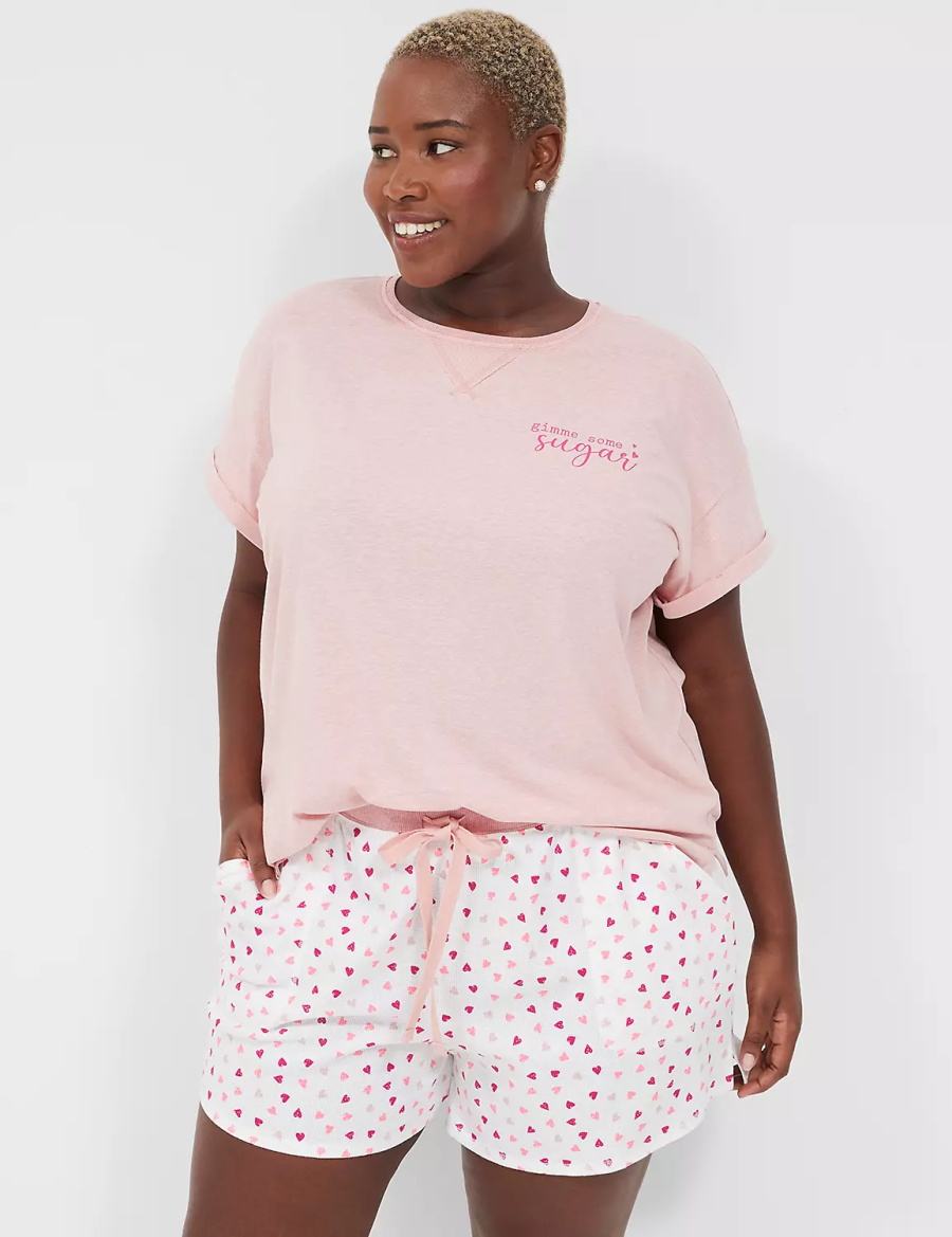 Lane Bryant Comfy Cotton Boyfriend Tee & Thermal Short PJ Set Women Pajamas Pink White | AMJ3551KR