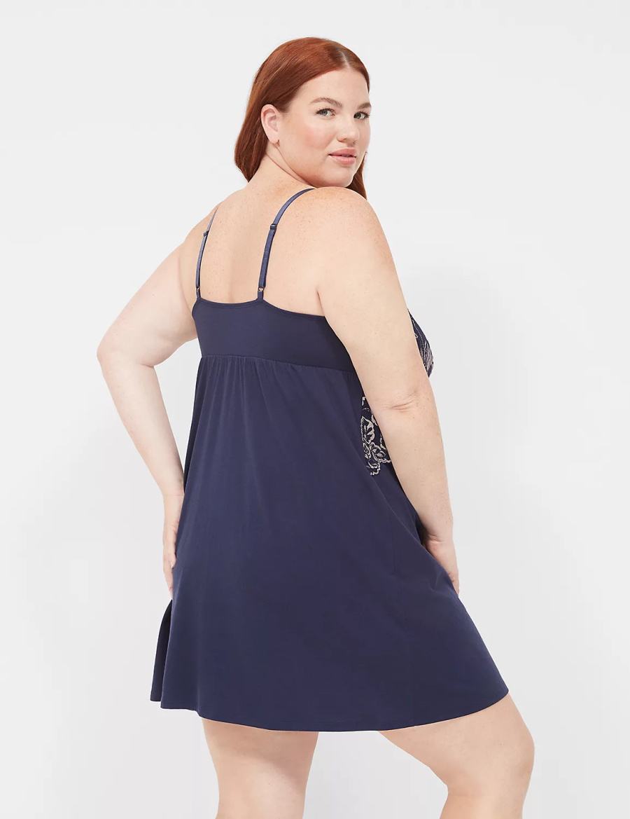 Lane Bryant Comfy Cotton Lace-Trim Chemise Women Dress Blue | XJK9748CN