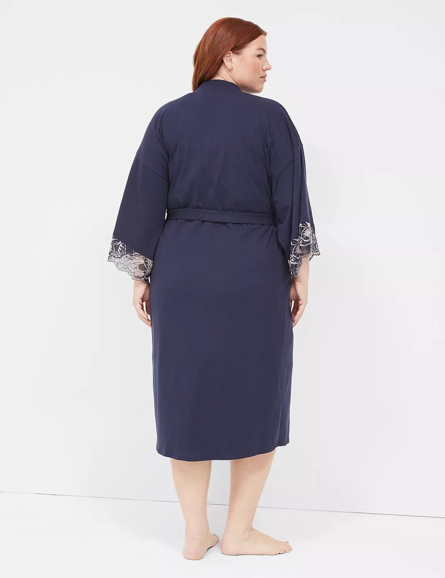 Lane Bryant Comfy Cotton Lace-Trim Midi Women Robe Blue | VRT4599IJ