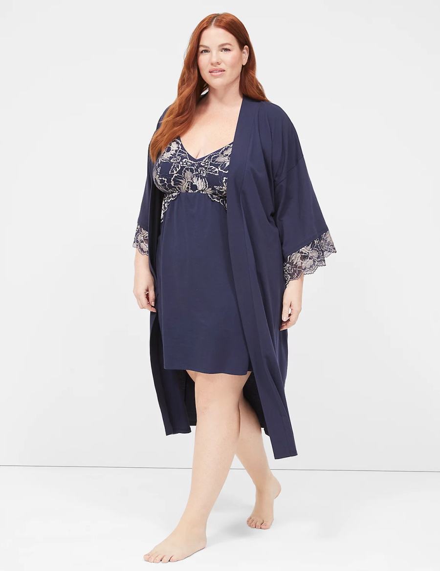 Lane Bryant Comfy Cotton Lace-Trim Midi Women Robe Blue | VRT4599IJ