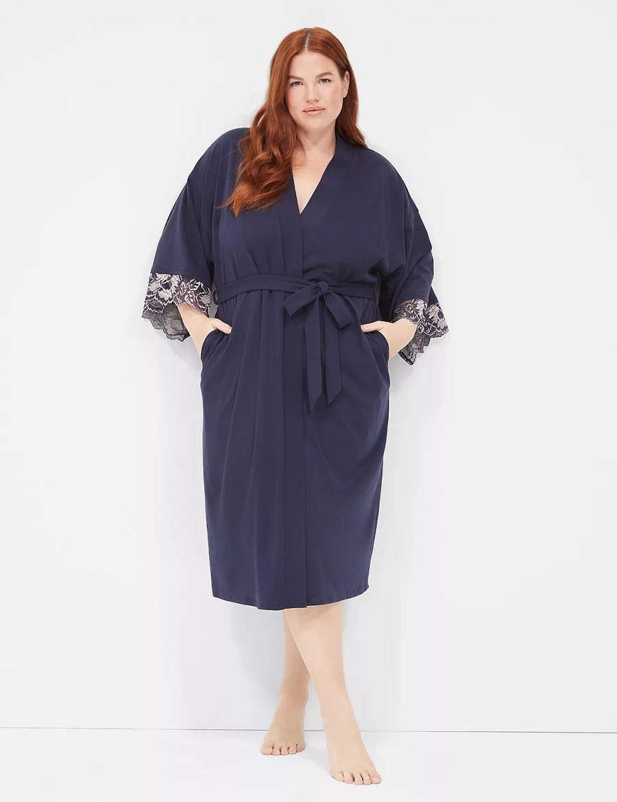 Lane Bryant Comfy Cotton Lace-Trim Midi Women Robe Blue | VRT4599IJ