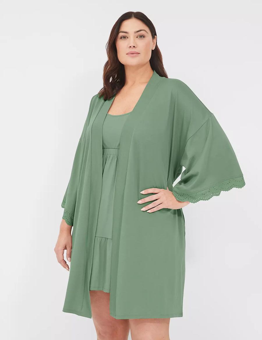 Lane Bryant Comfy Cotton Lace-Trim Women Robe Green | PJR7360RA