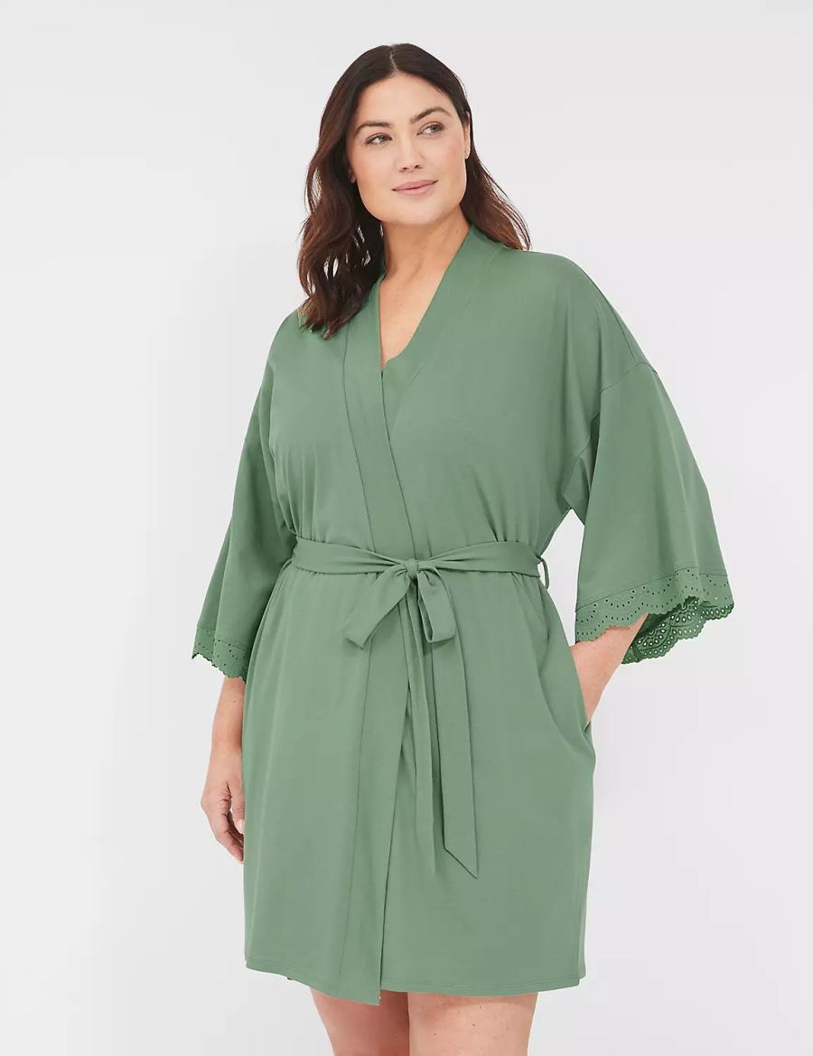 Lane Bryant Comfy Cotton Lace-Trim Women Robe Green | PJR7360RA