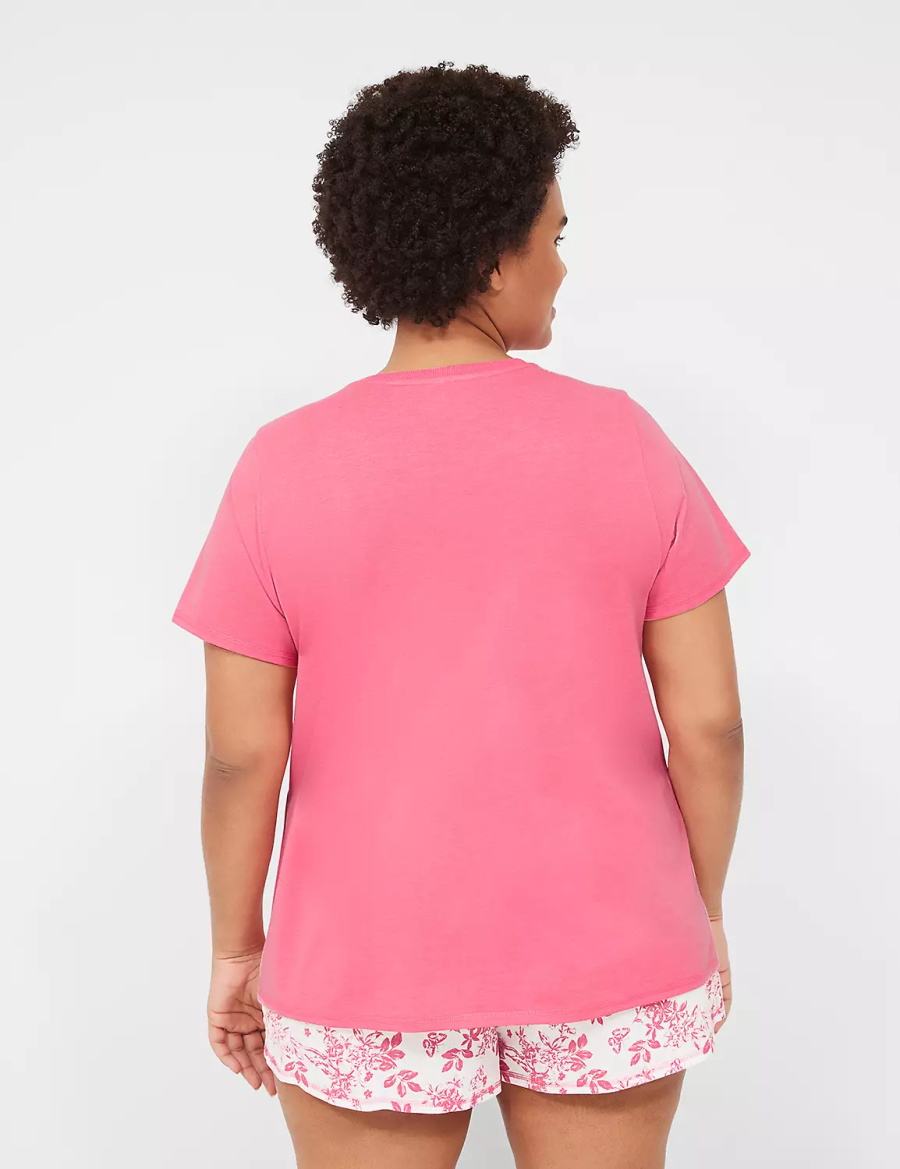 Lane Bryant Comfy Cotton Rib-Trim Tee & Short PJ Set Women Pajamas Pink White | COV228UK