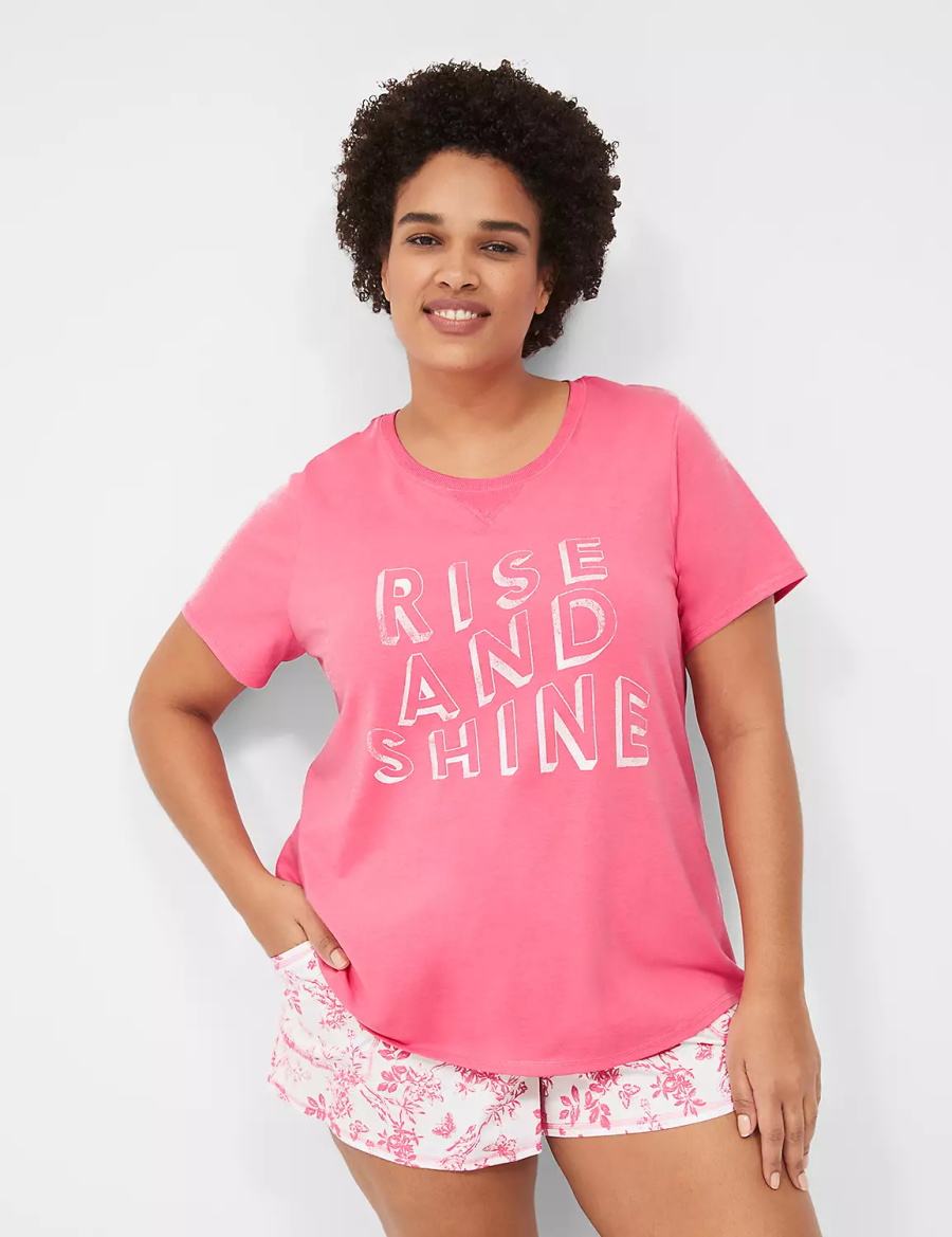 Lane Bryant Comfy Cotton Rib-Trim Tee & Short PJ Set Women Pajamas Pink White | COV228UK