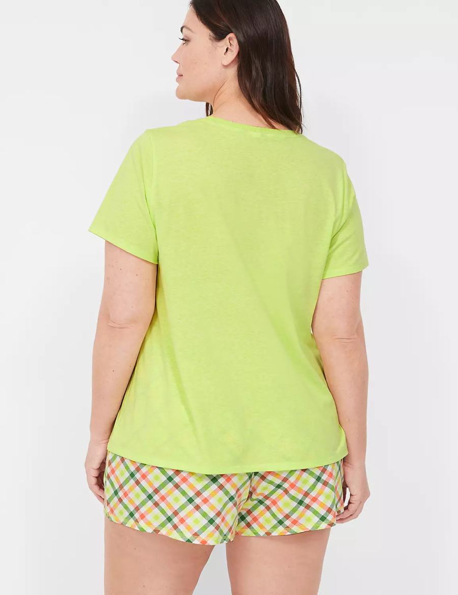 Lane Bryant Comfy Cotton Rib-Trim Tee & Short PJ Set Women Pajamas Green Multicolor | VKM1774GG