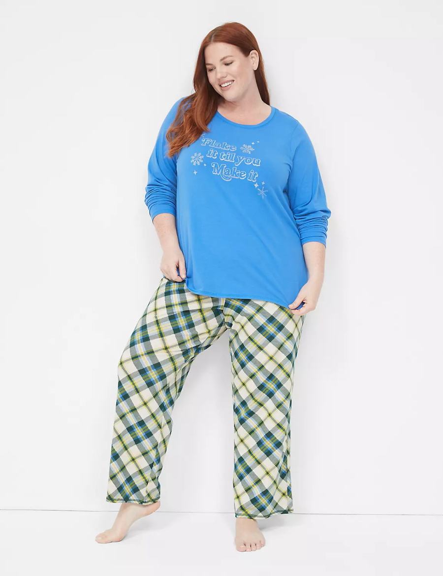 Lane Bryant Comfy Cotton Shirt & Pant PJ Set Women Pajamas Blue Multicolor | IXS795VA