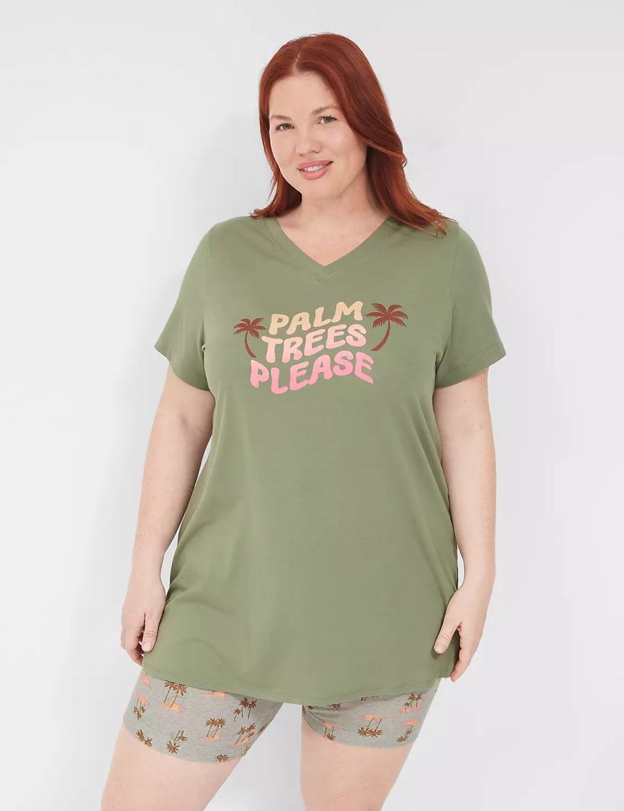 Lane Bryant Comfy Cotton Tunic Tee & Bike Short PJ Set Women Pajamas Green Multicolor | PGK5578SH