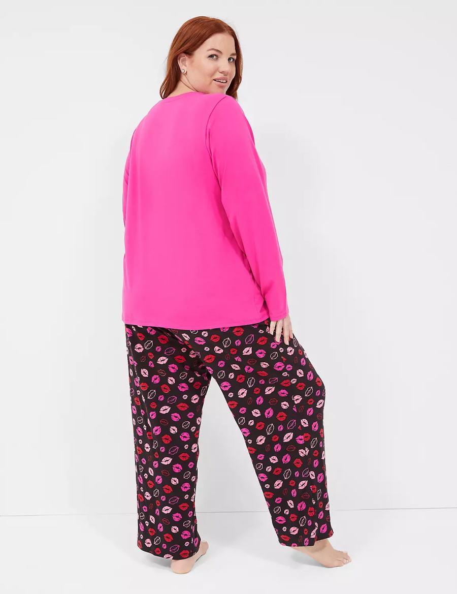 Lane Bryant Comfy Cotton V-Neck Tee & Block Pant PJ Set Women Pajamas Purple Multicolor | IRC885FR