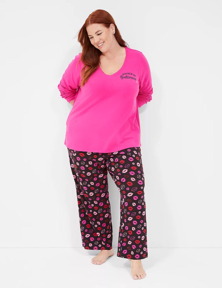 Lane Bryant Comfy Cotton V-Neck Tee & Block Pant PJ Set Women Pajamas Purple Multicolor | IRC885FR