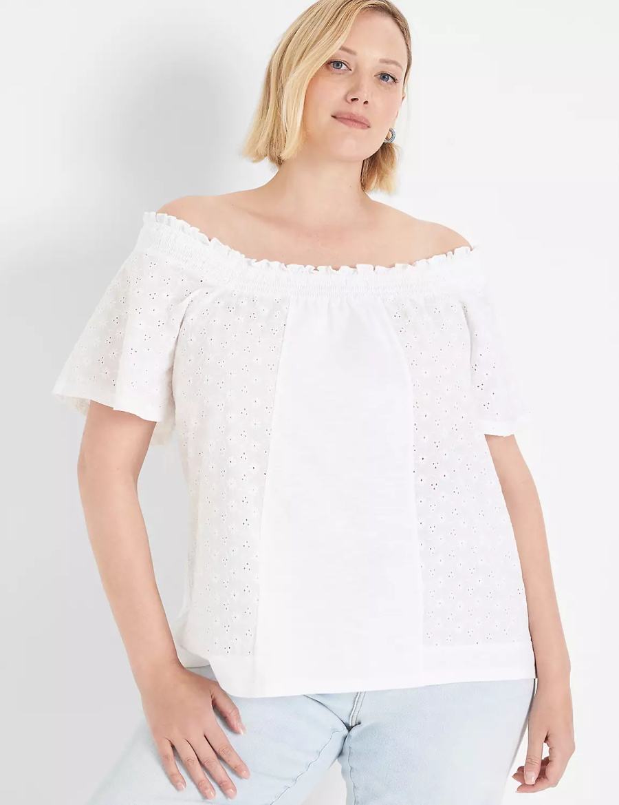 Lane Bryant Convertible Eyelet Woven & Knit Top Women T Shirts White | DEP8966CW