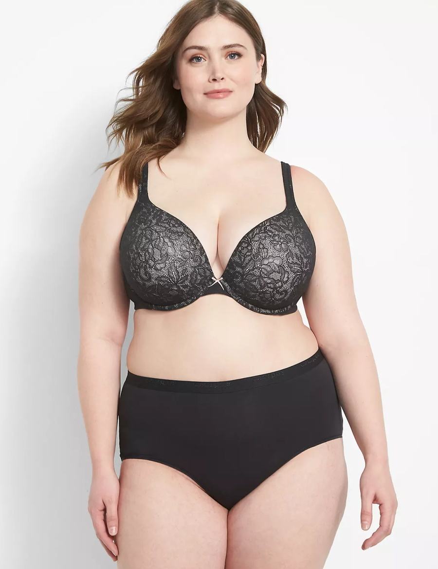 Lane Bryant Cotton Boost Plunge With Lace Women Bralettes Black | LTU2741VG