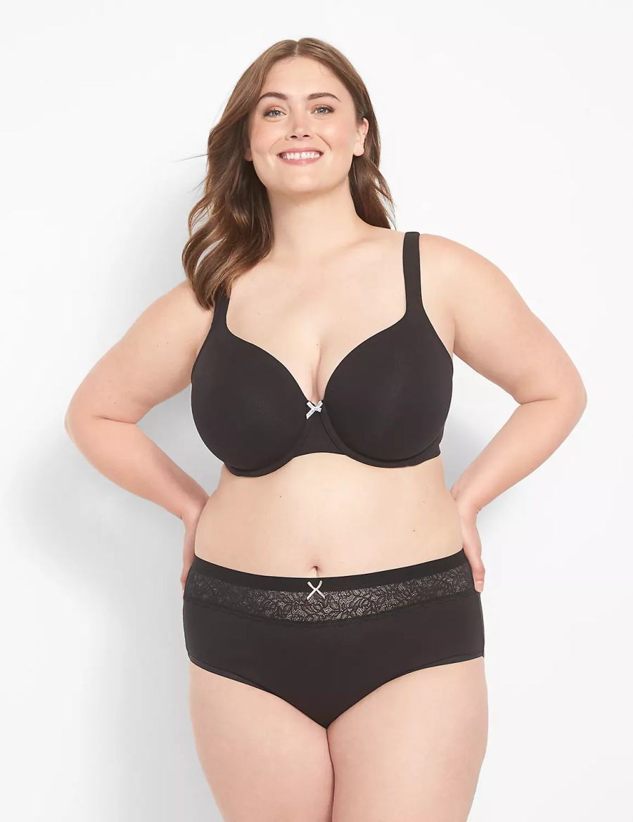 Lane Bryant Cotton High-Leg With Lace Waist Women Briefs Black | WWL4642AM