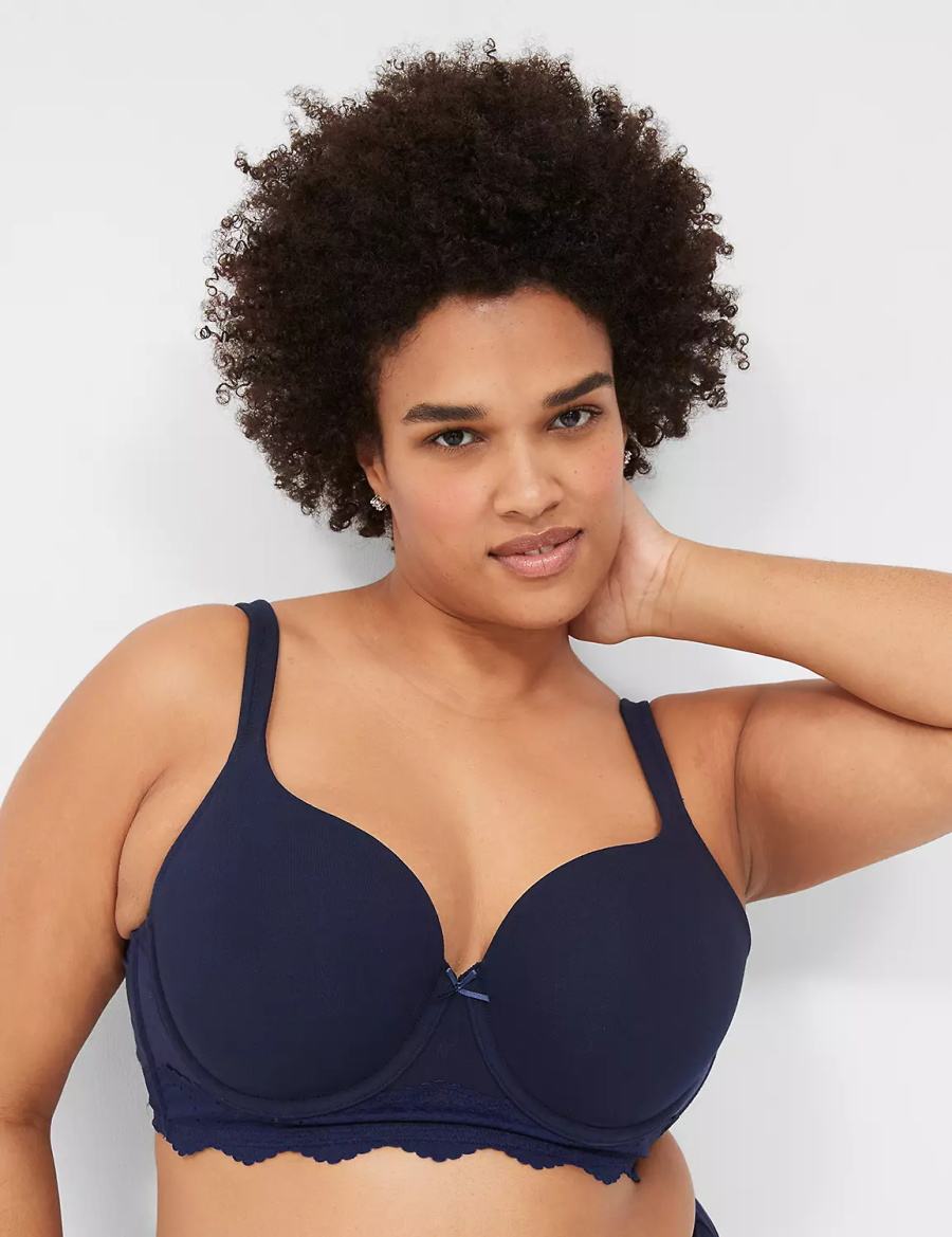 Lane Bryant Cotton Lace-Trim Longline Women T-Shirt Bra Blue | RKB6531XT