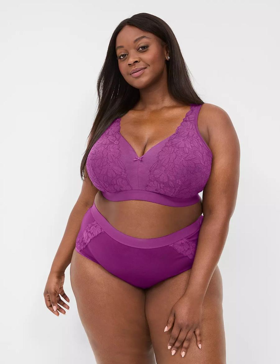 Lane Bryant Cotton Lightly Lined No-Wire With Lace Women Bralettes Purple | IRP4415JJ